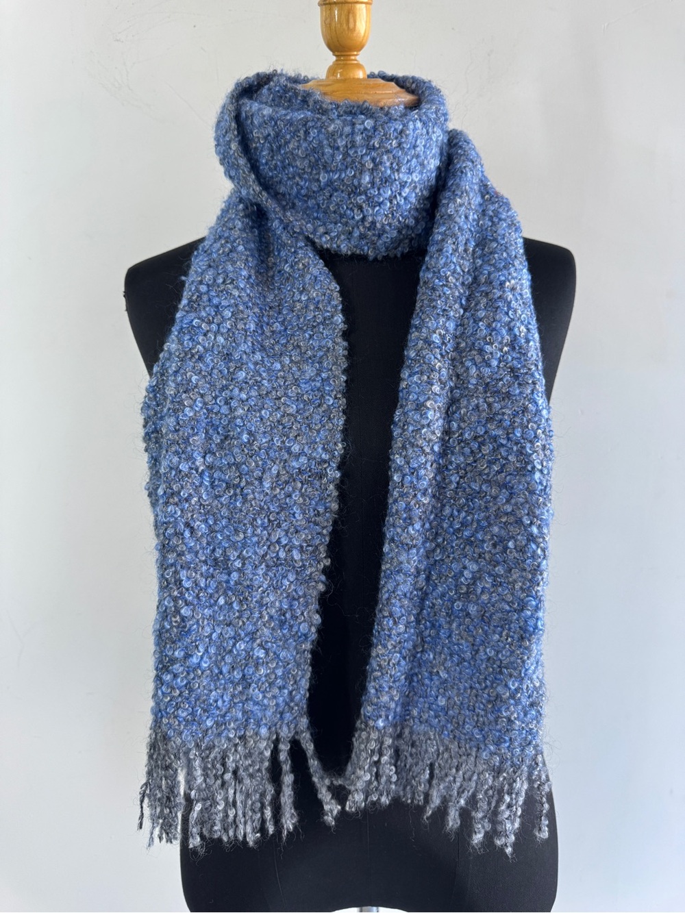 Mucros Weavers Blue Bouclé Scarf Ireland Cozy Mohair Wool Blend Fringe Fall